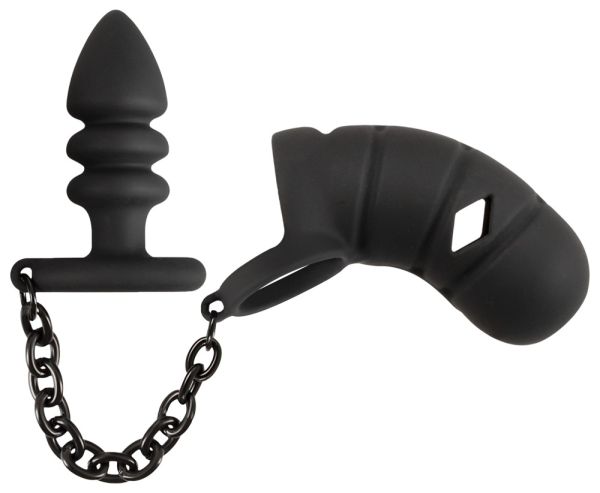 Cock Cage mit Butt Plug – Keuschheitskäfig Set mit Analplug Black Velvets