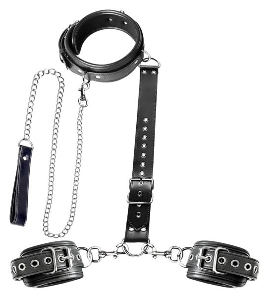 BDSMaster Restig Halsband mit Handfesseln und Leine 1