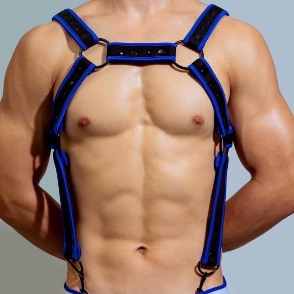 BDSMaster Neo Chest Harness in Schwarz und Blau 1
