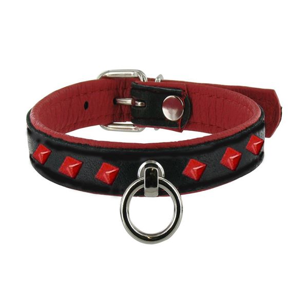 Black Label Halsband mit O-Ringen aus Leder mit Nieten rot