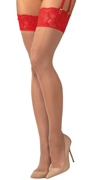 Obsessive Matildea Strapsstrümpfe mit roter Spitze in Nude 1