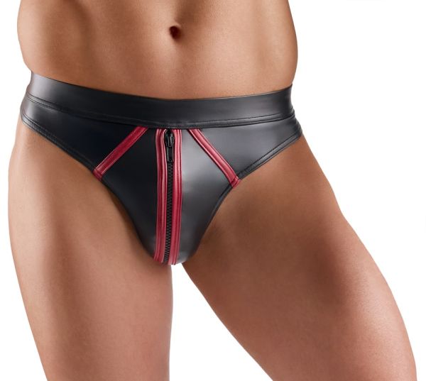 Svenjoyment Wetlook Riostring mit Reißverschluss in Schwarz und Rot 1