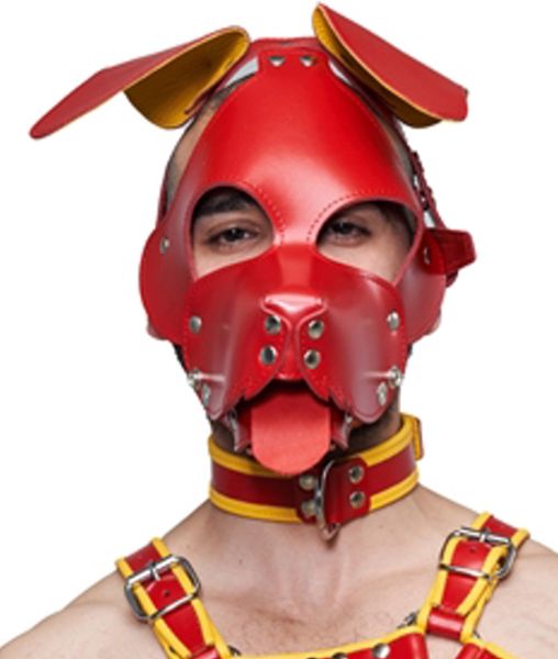 Mister B Leder-Hundehaube Rot-Gelb