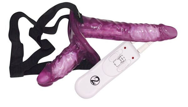 You2Toys Vibrating Strap On Duo mit vibrierendem Doppeldildo in Lila 1