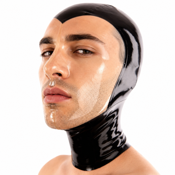 LateXcite Heartclear Latexhaube Transparent und Schwarz 1