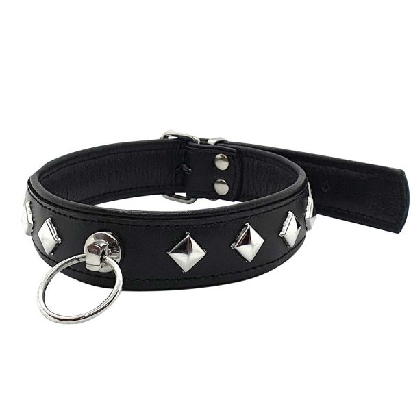 Black Label Lederhalsband mit O-Ring und Nieten in Schwarz