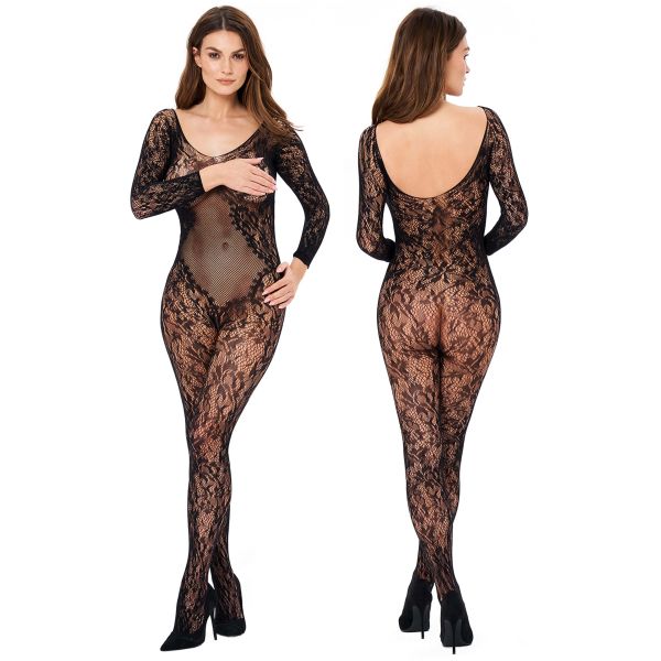 Kotek Bodystocking 4 langarm mit Blütenmuster in Schwarz 1