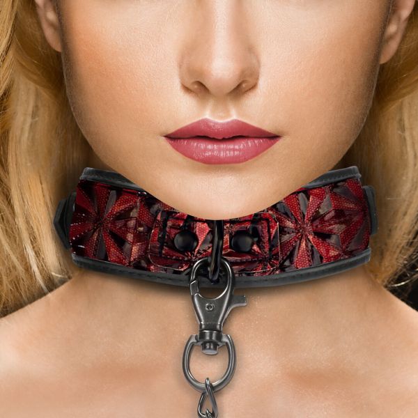 Ouch! Luxury Halsband mit Leine in Burgunderrot 1