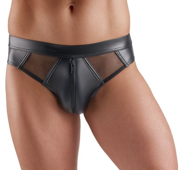 Svenjoyment Wetlook Slip mit Netzeinsätzen und Reißverschluss in Schwarz 1